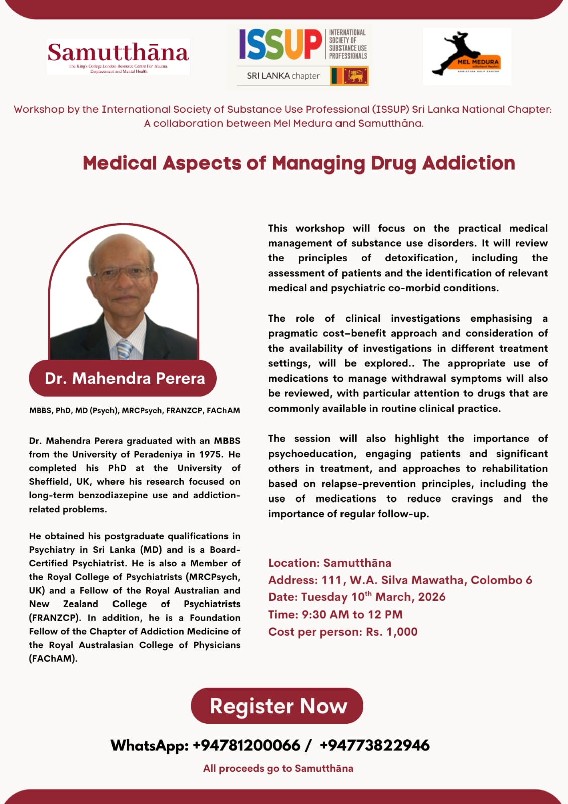 Medical Aspects of Managing Drug Addiction workshop flyer
